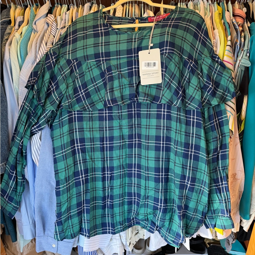 NWT Marina Rinaldi Green and Blue Plaid Blouse